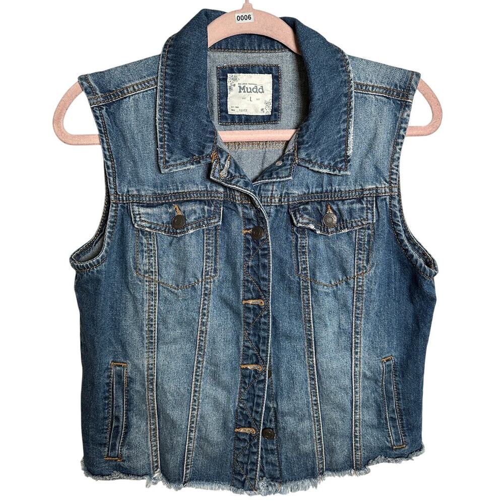 Y2K Mudd Denim Vest - Size L (Fits M/L) Distressed Raw Hem Grunge Layering